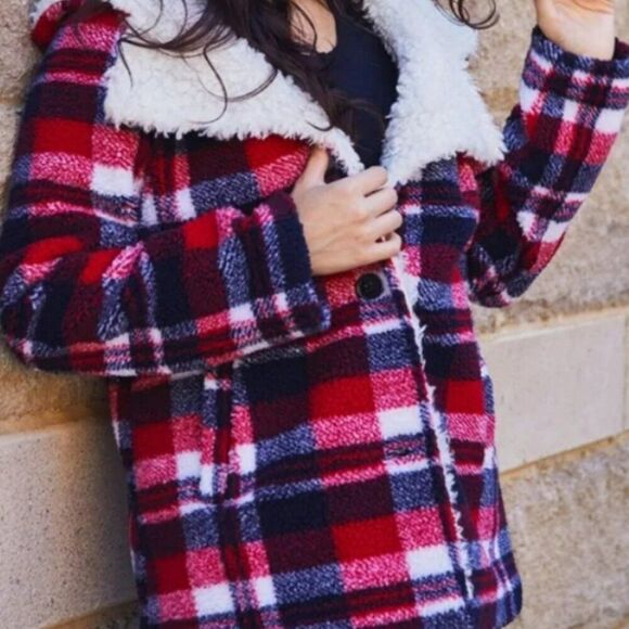 Steve Madden Red Navy Plaid Fleece Faux Fur Sherpa Lined Hooded Coat Sz S NWOT - Picture 10 of 10